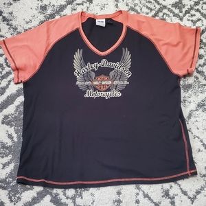 Harley davidson black and orange women's v neck tshirt